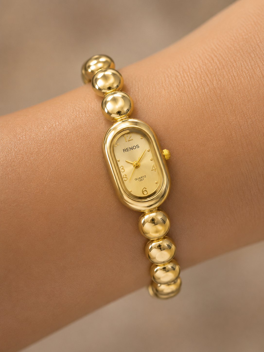 Renos Vintage-Chic Gold Bead Watch