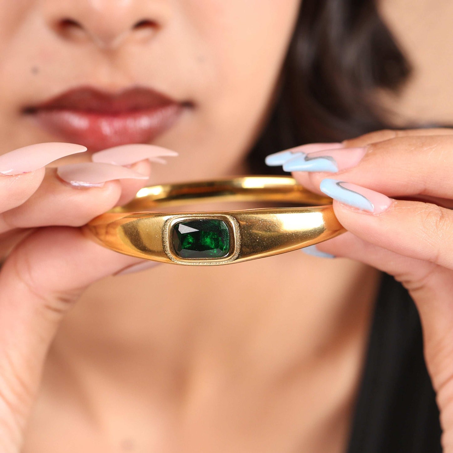 Emerald Gem 18Kt Gold Plated Bangle - Bradiya