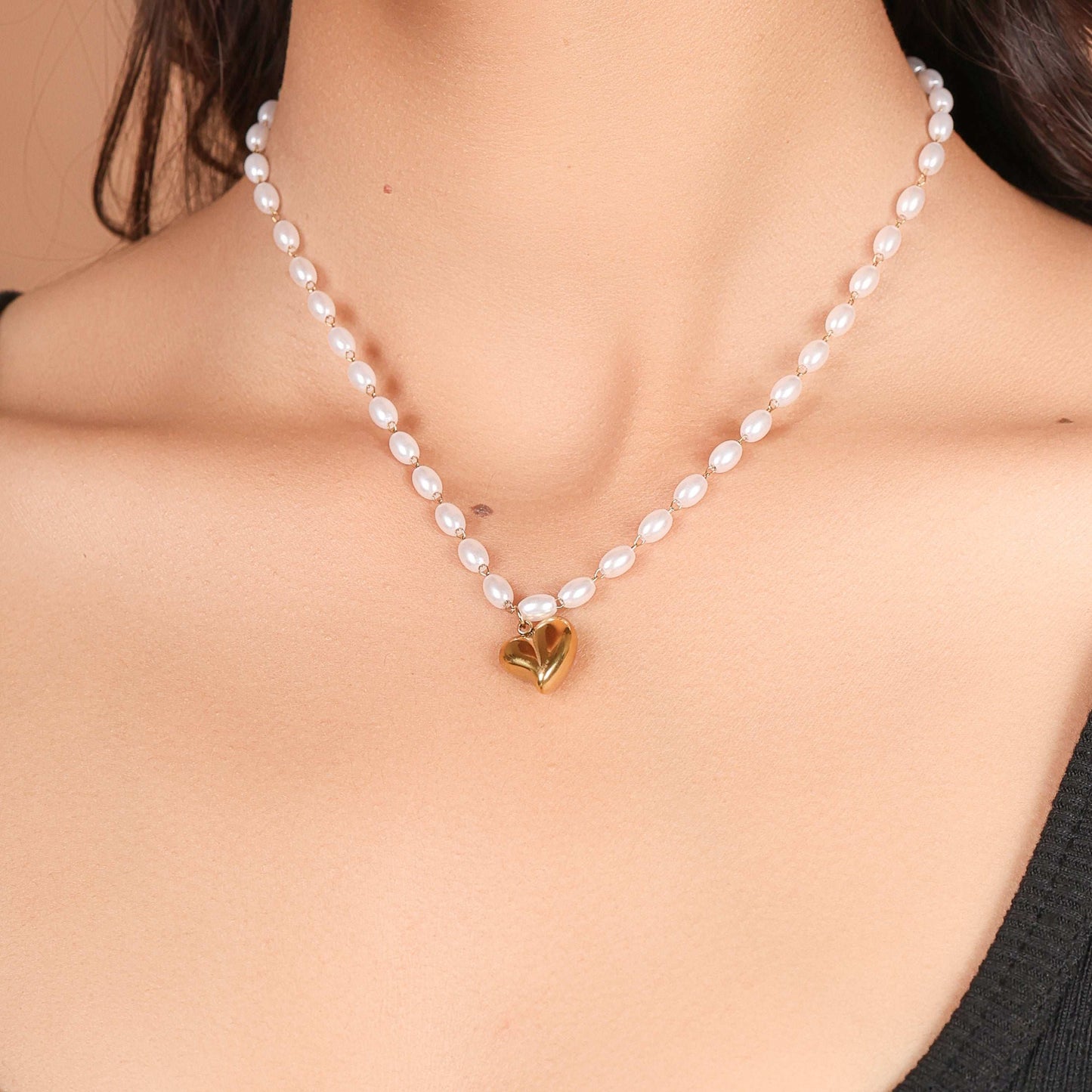 Gold Heart Pendant Pearl Beaded Necklace - Bradiya
