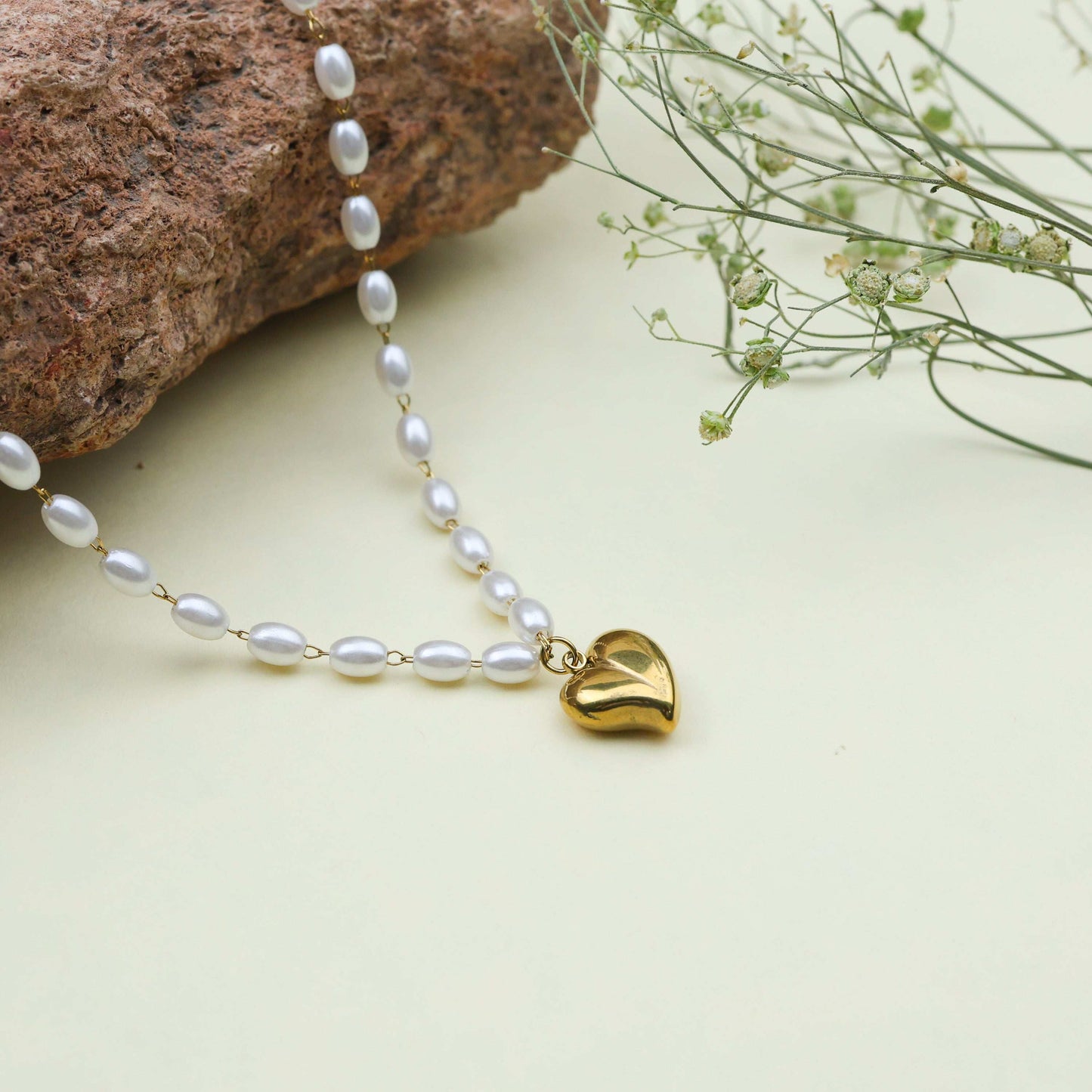 Gold Heart Pendant Pearl Beaded Necklace - Bradiya