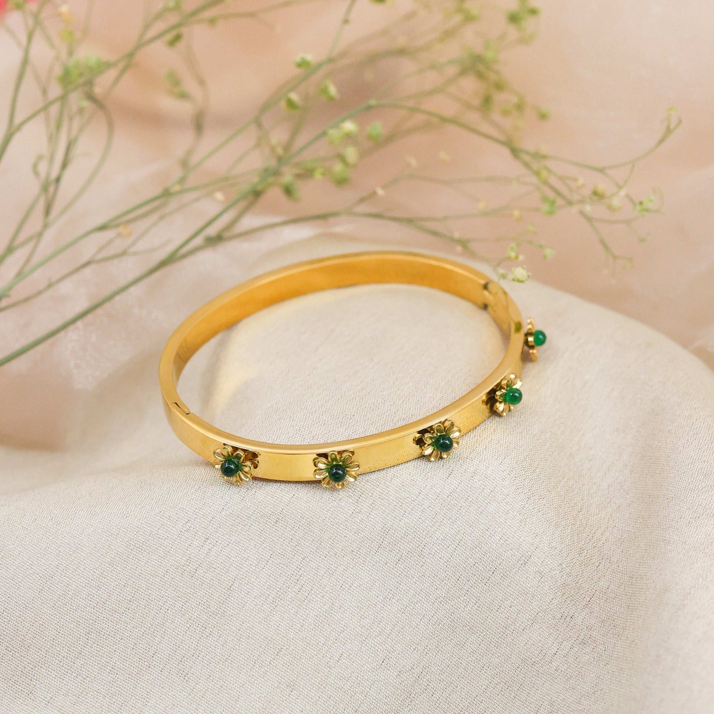 Bradiya Tarnish-Free Bangle Bracelet with Green Flowers - Bradiya