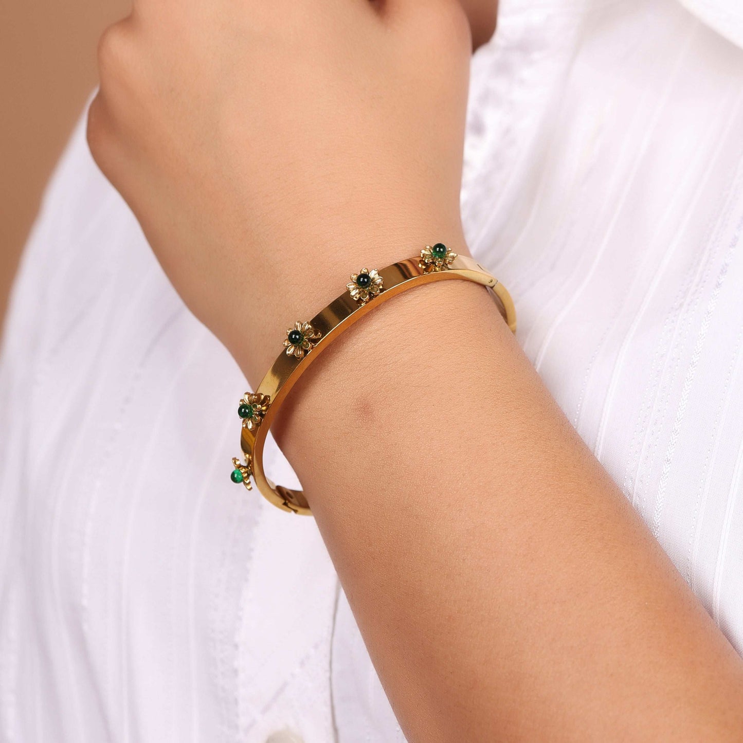 Bradiya Tarnish-Free Bangle Bracelet with Green Flowers - Bradiya