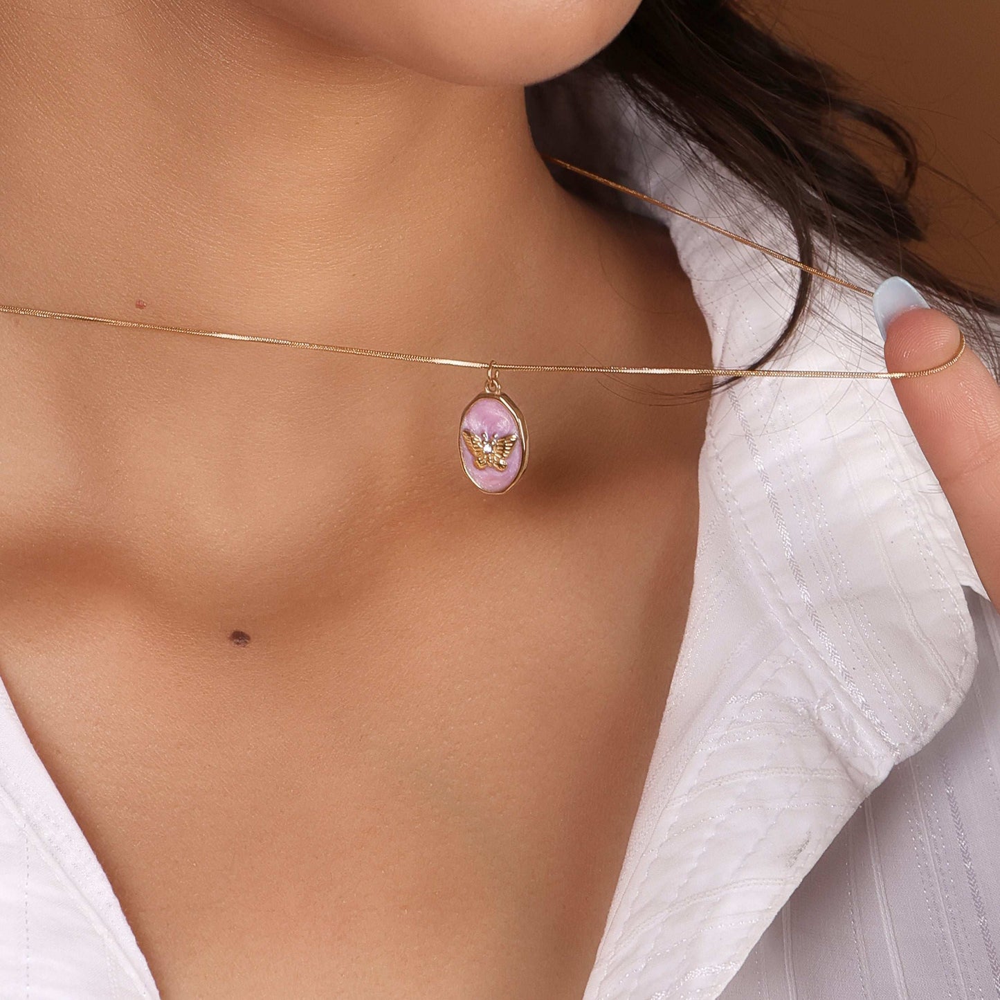Bradiya Pink Butterfly Pendant Necklace - Anti-Tarnish - Bradiya