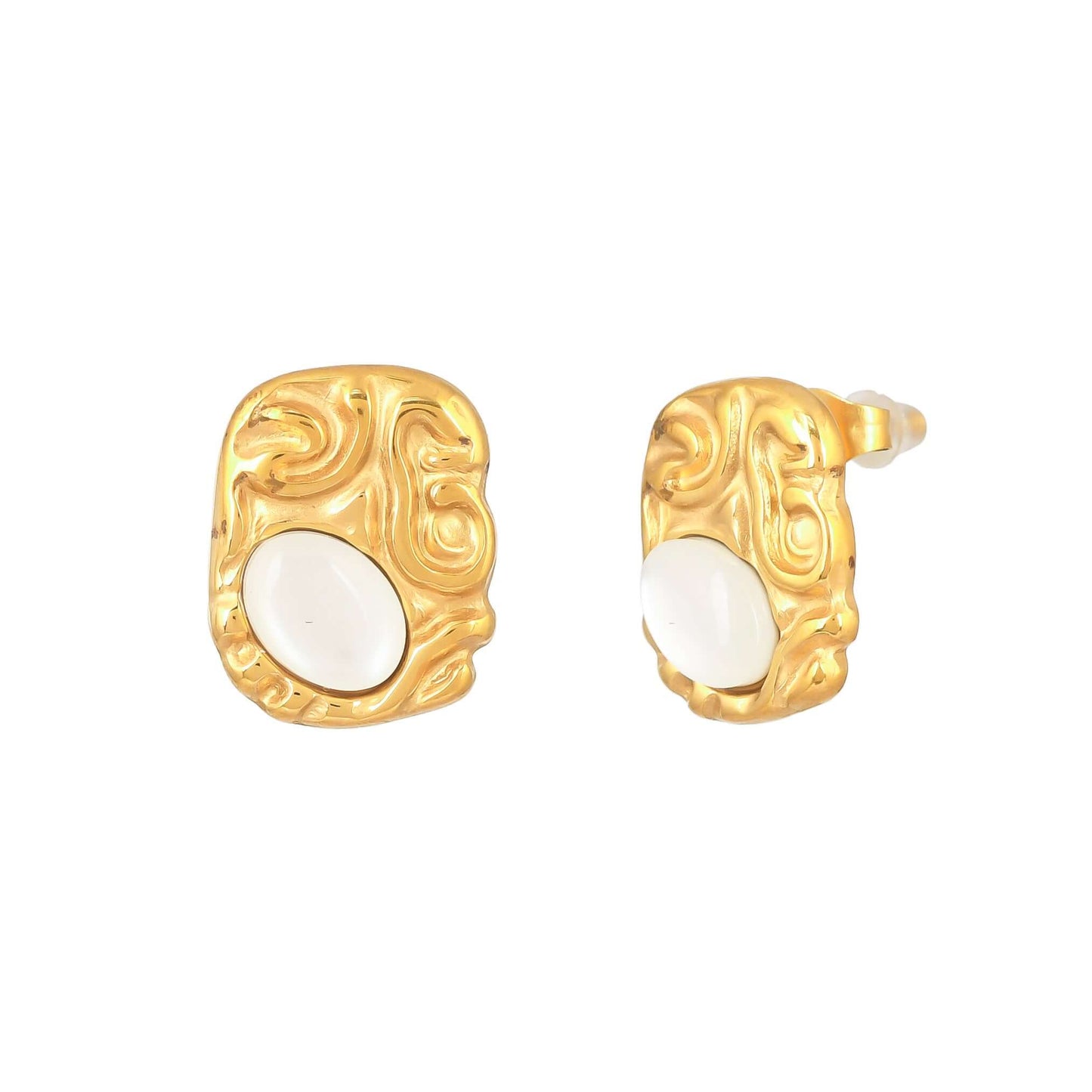 Textured Gold &Moon Stone Stud Earrings - Bradiya
