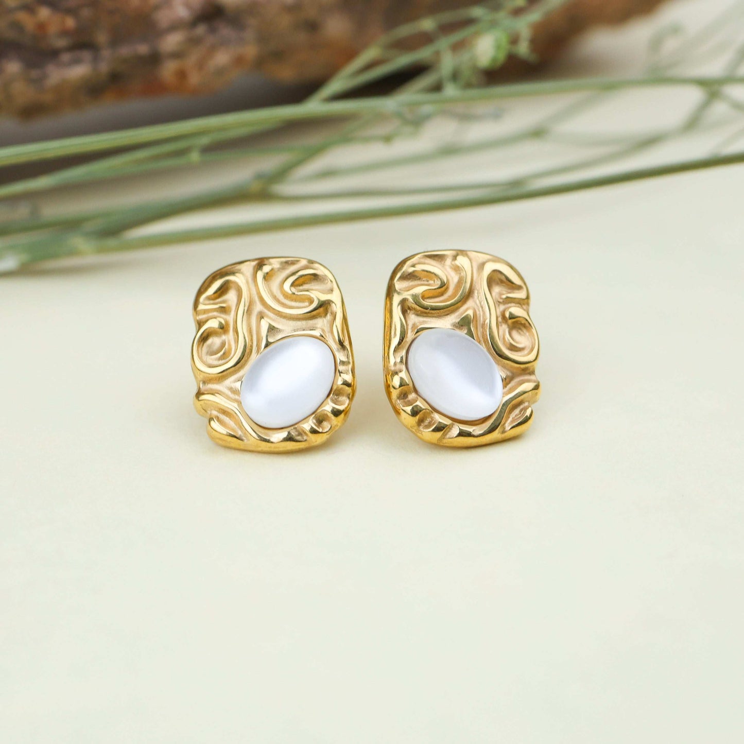 Textured Gold &Moon Stone Stud Earrings - Bradiya