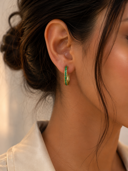 Emerald Sparkle Gold Huggie Hoop Earrings