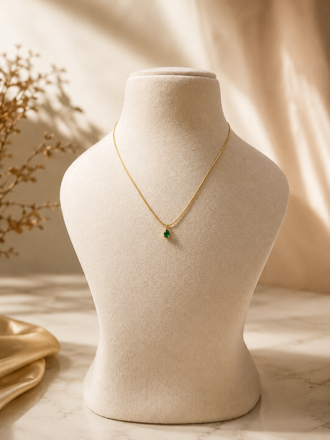 Emerald Green Teardrop Stone 18K Gold Plated Necklace