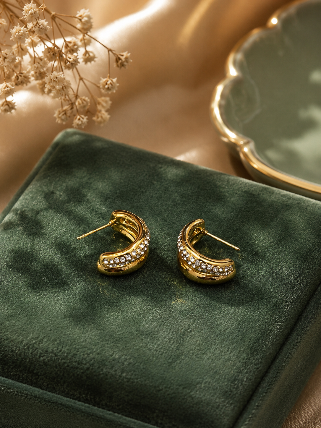 Pavé Rhinestone Curved Gold Huggies