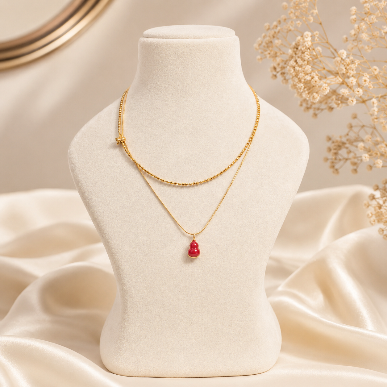Double Strand Red Gemstone Pendant 18Kt Gold-Plated Waterproof Necklace