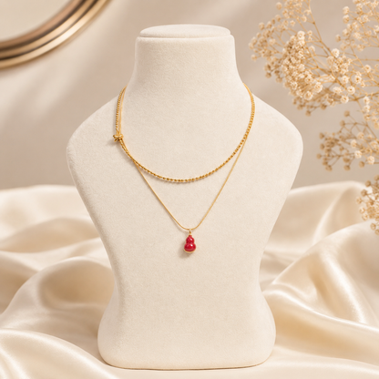 Double Strand Red Gemstone Pendant 18Kt Gold-Plated Waterproof Necklace