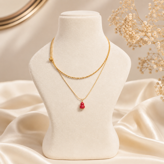 Double Strand Red Gemstone Pendant 18Kt Gold-Plated Waterproof Necklace