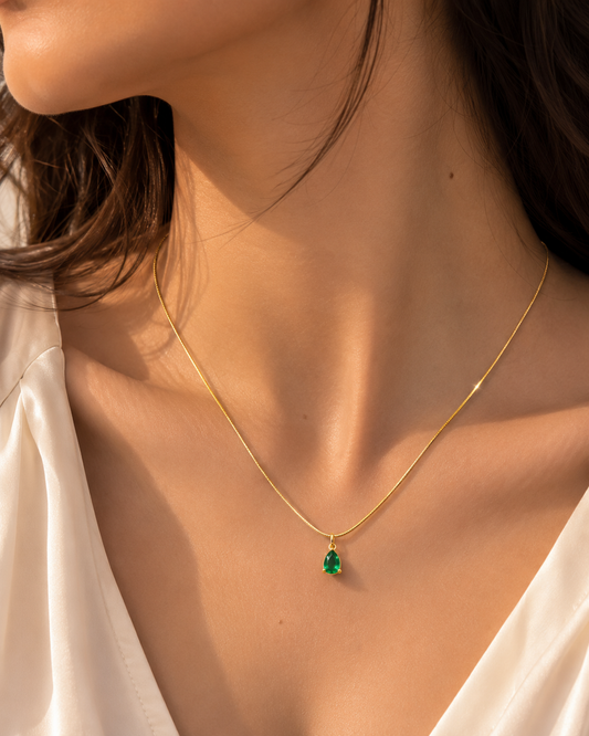 Emerald Green Teardrop Stone 18K Gold Plated Necklace