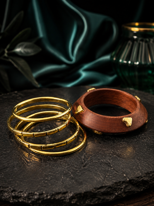 Mixed Media Gold and Wood Bangle Set