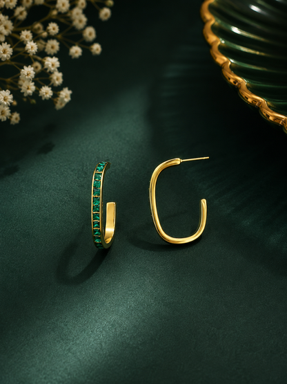 Emerald Sparkle Gold Huggie Hoop Earrings
