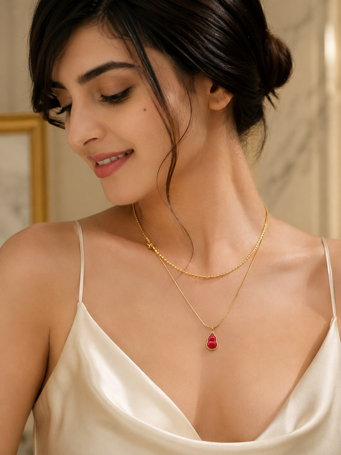 Double Strand Red Gemstone Pendant 18Kt Gold-Plated Waterproof Necklace