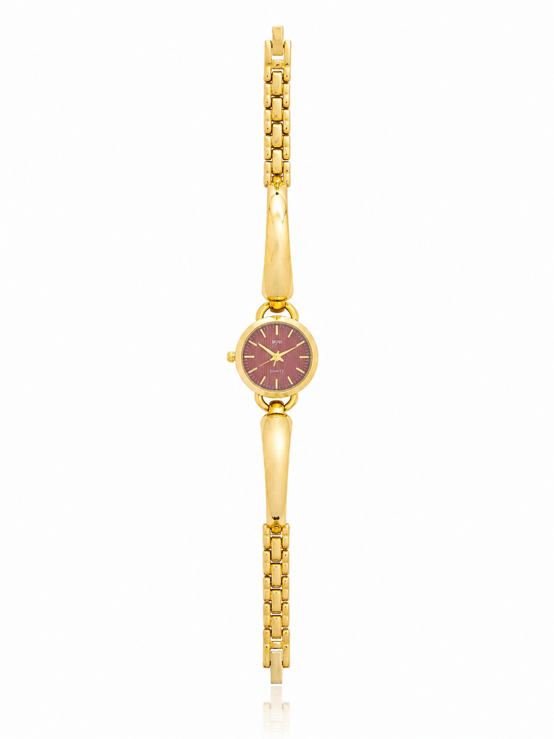 Sculptural Gold Watch with Burgundy Textured Dial