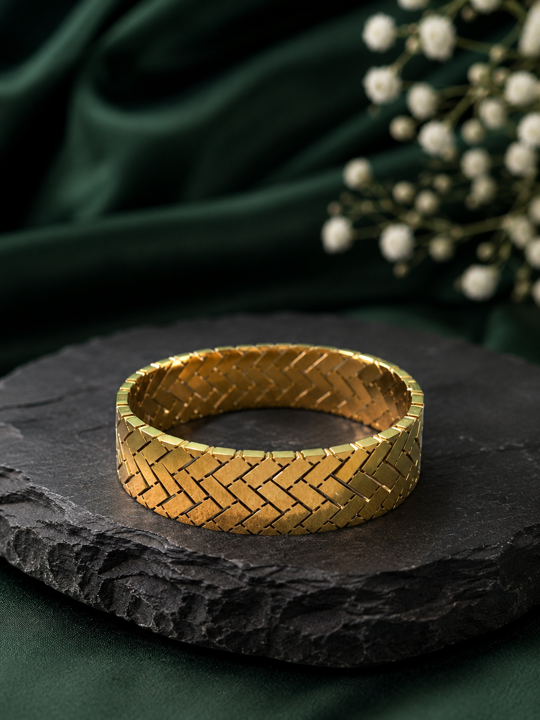 Herringbone Brick-Link Gold Bangle