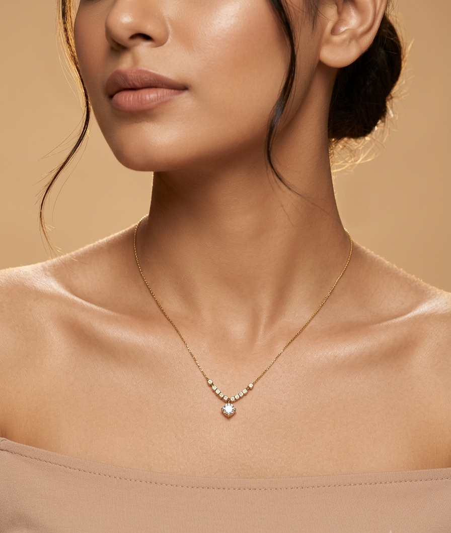 A close-up lifestyle shot of a model wearing a delicate gold necklace with a small heart-shaped crystal pendant and a row of tiny clear stones, set against a warm beige background.