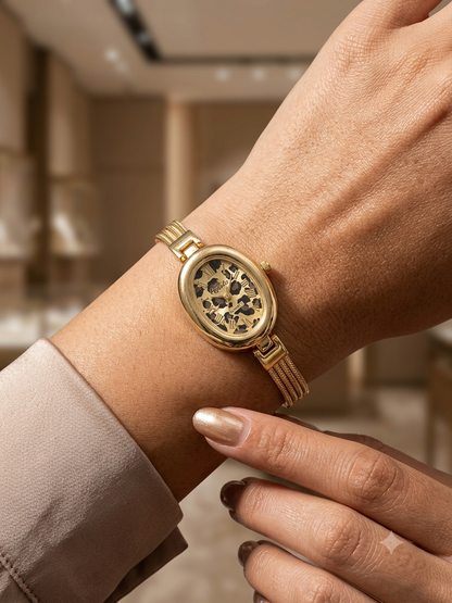 Vintage Leopard Print Multi-Strand Gold Watch