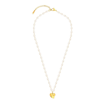 Gold Heart Pendant Pearl Beaded Necklace - Bradiya