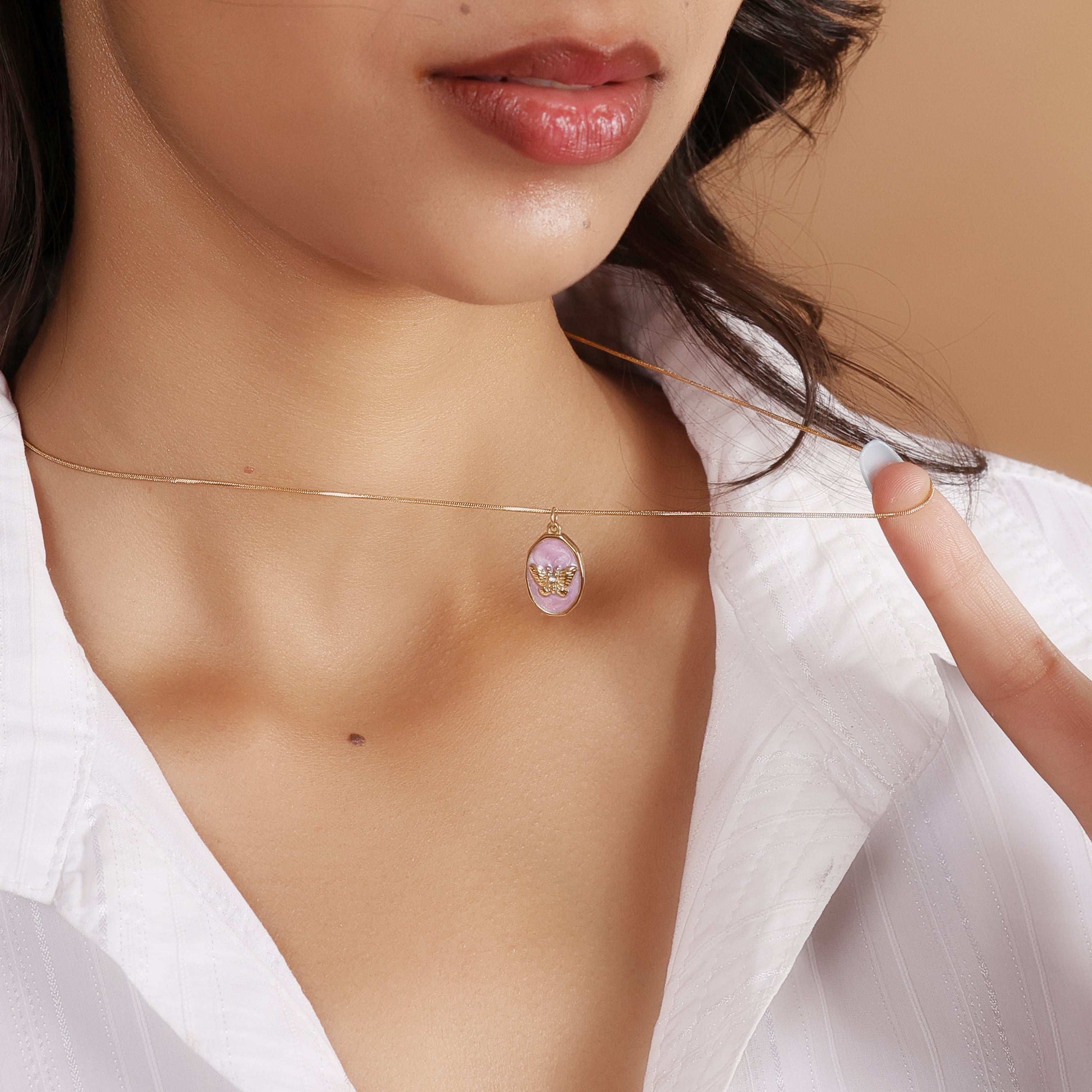 Bradiya Pink Butterfly Pendant Necklace - Anti-Tarnish - Bradiya
