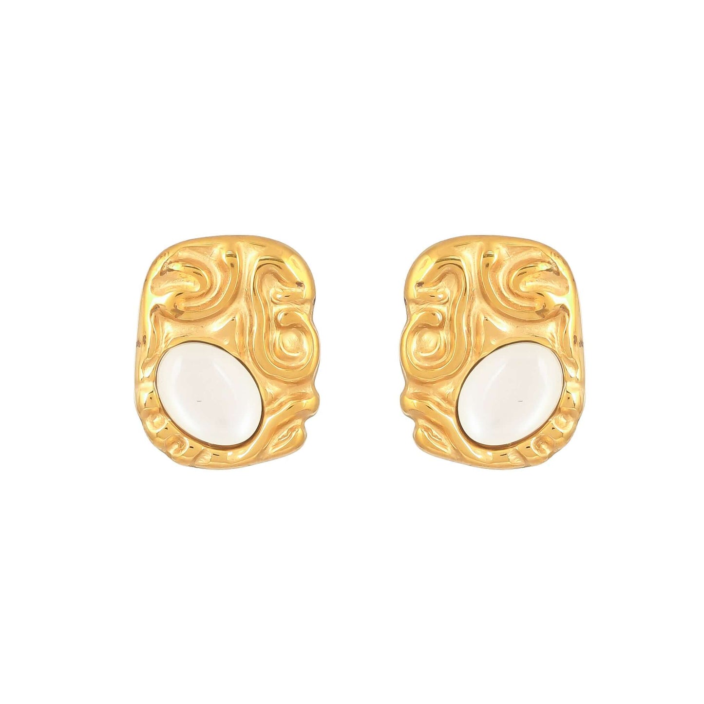 Textured Gold &Moon Stone Stud Earrings - Bradiya