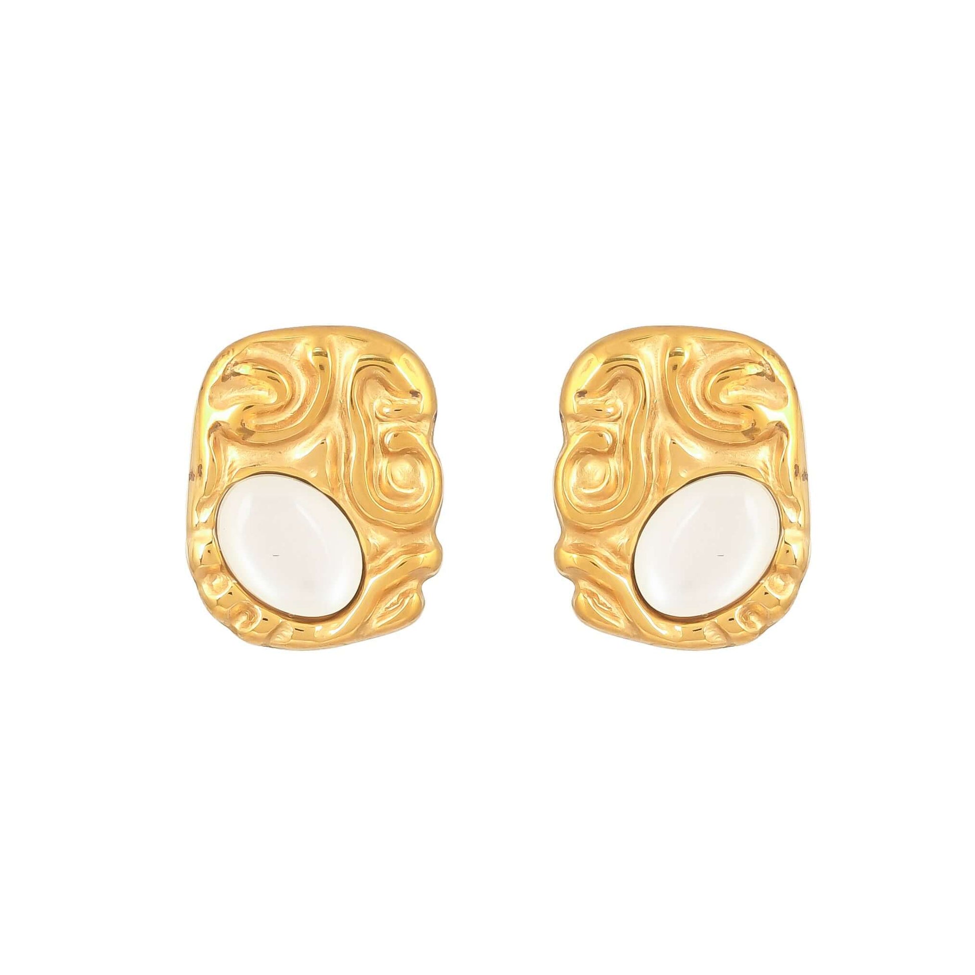 Textured Gold &Moon Stone Stud Earrings - Bradiya