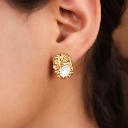 Textured Gold &Moon Stone Stud Earrings - Bradiya
