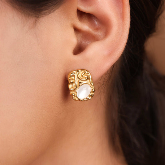 Textured Gold &Moon Stone Stud Earrings - Bradiya